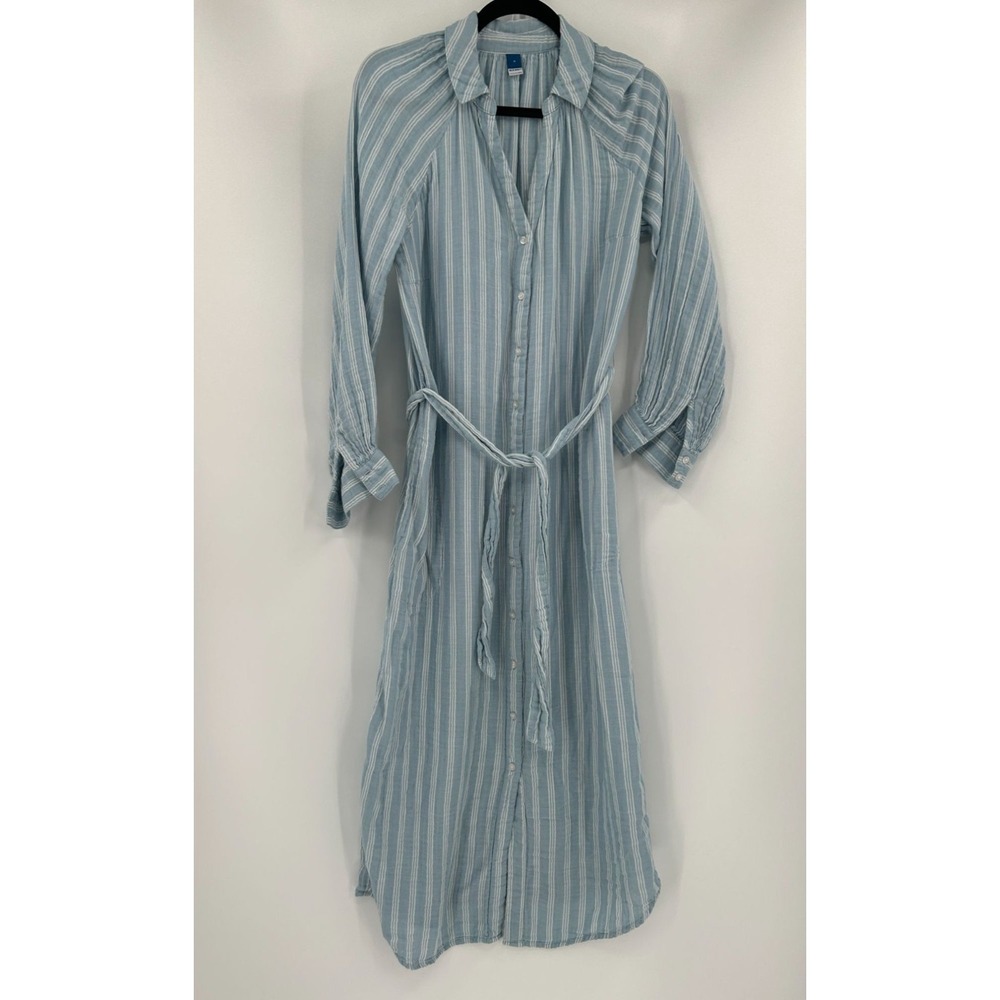 Old Navy Womens Striped Blue Gauzy Button-Down Midi Dress Size M Boho Coastal